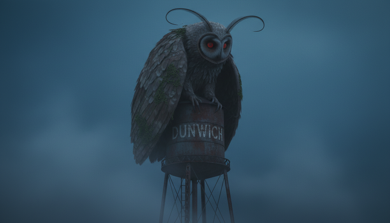 The Hammock Owl perched on the Oviedo water tower at dusk, eyes glowing red